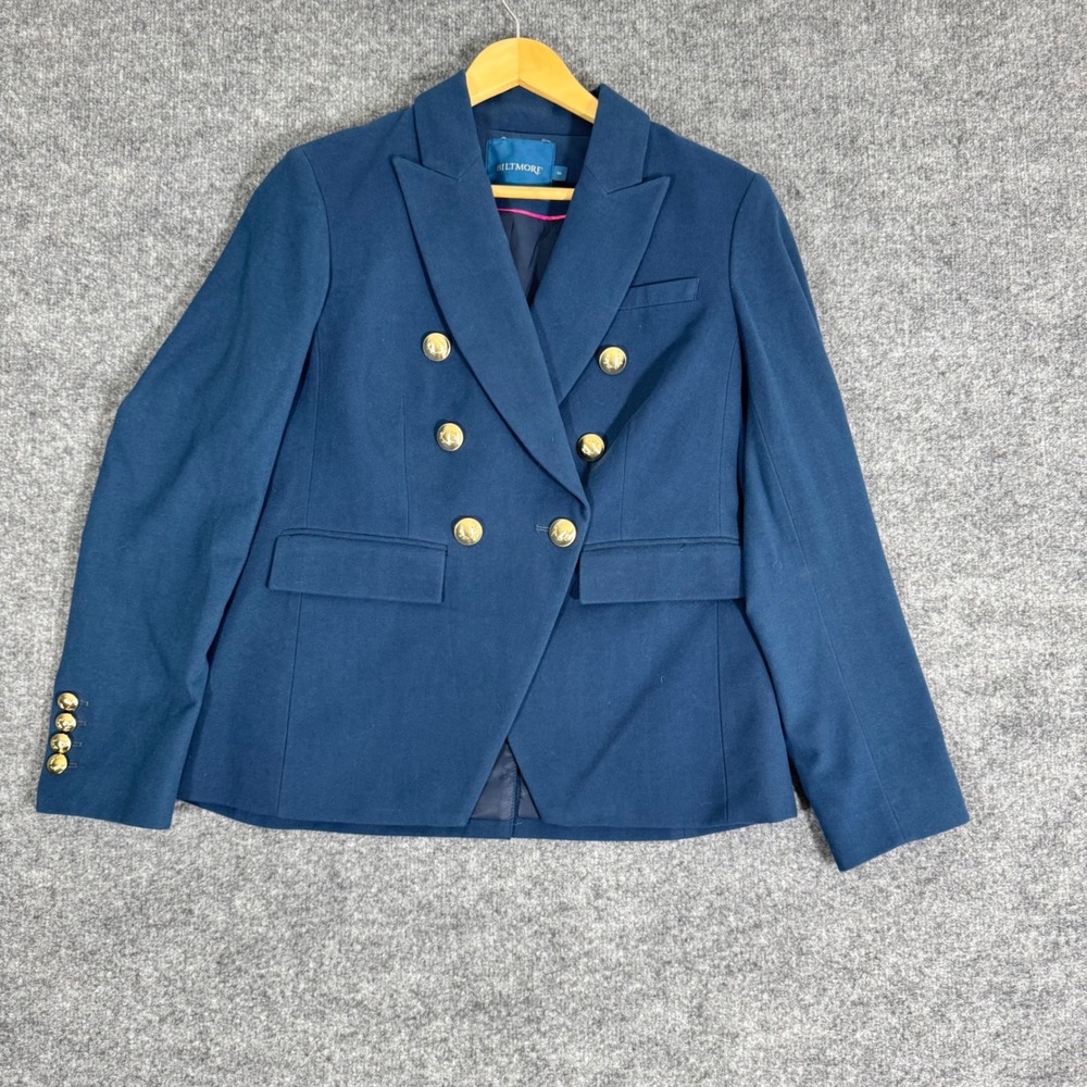 Biltmore Blazer Double Breasted Gold Button Womens Size 8 Blue Wool Blend NWOT